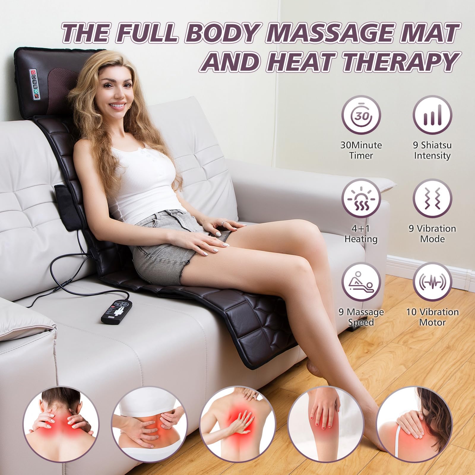 Ganzkörper-Massagematte mit Wärmefunktion, abnehmbarem Nackenmassagegerät, verschiedenen Massagemodi für den ganzen Körper, Massagekissen mit 10 Vibrationsmotoren und 9 Geschwindigkeitsstufen für