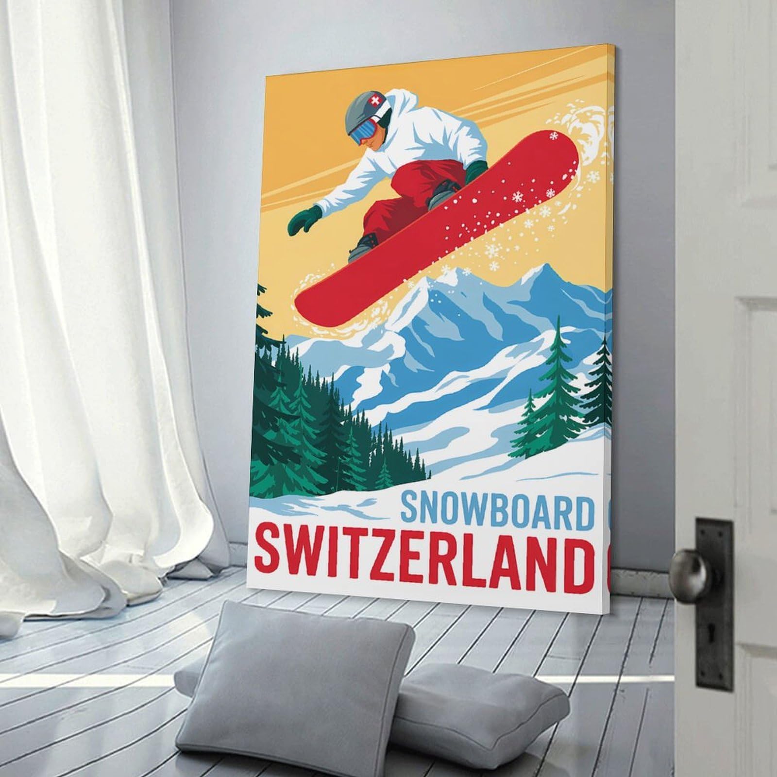 Junmoney Wall Picture Print Snowboard Switzerland Vintage Travel, 24x36inch(60x90cm), for Entrance Walls, Hall Decor Or Foyers, A Neat Decor Update for Hallways