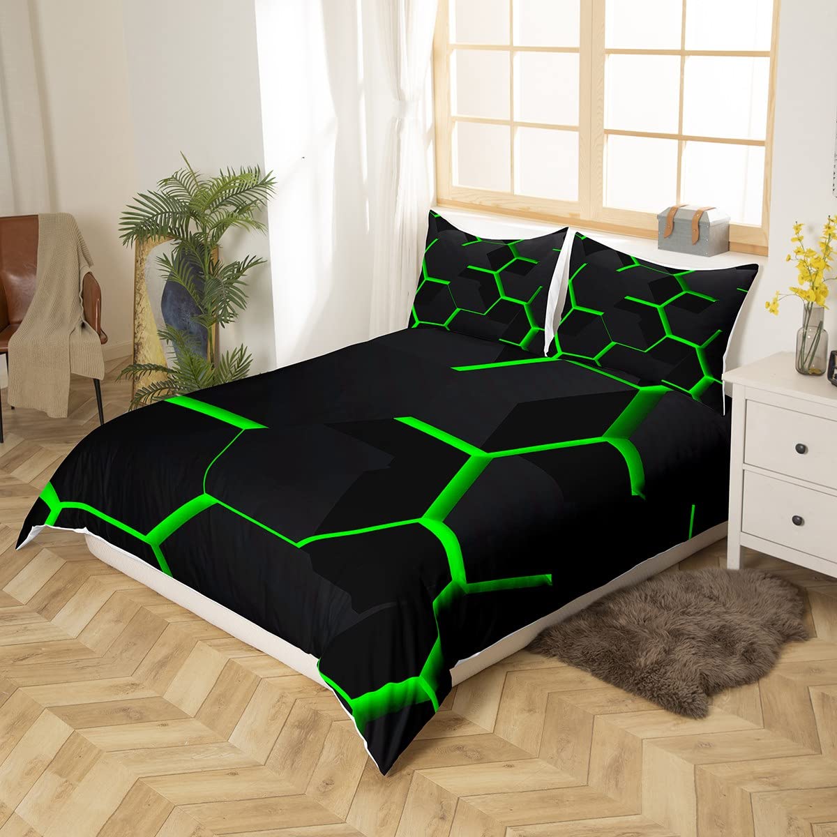 Homemissing King Geometric Honeycomb Duvet Cover Fluorescence Green Hexagon Comforter Cover Beehive Hexagon Bedding Set Geometrical Bedspread Beehive Decor Quilt Cover 3Pcs - Image 4