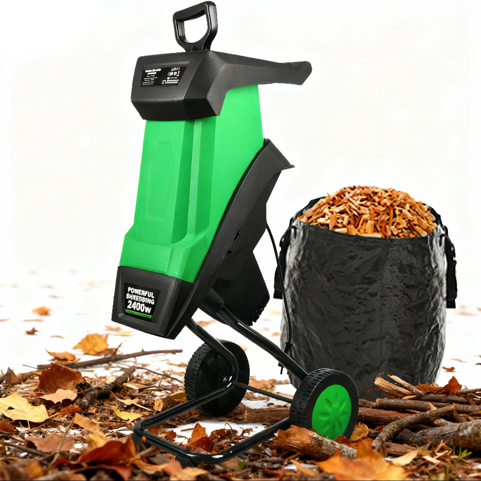 Trituradora de ramas de jardín, trituradora de madera eléctrica de 2400 W, bolsa recolectora de 50 L, compacta y eficiente for ramas y hojas de césped exterior.
