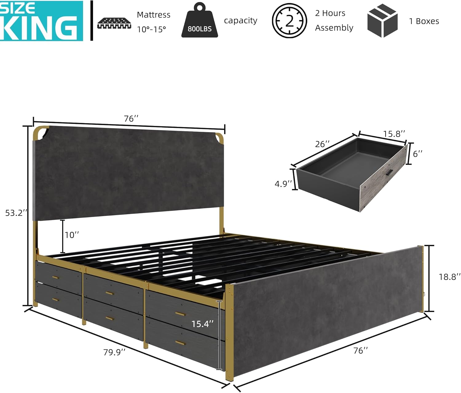 Diagram showing dimensions of the King bed frame and a single drawer, along with icons for mattress thickness, weight capacity, assembly time, and packaging.