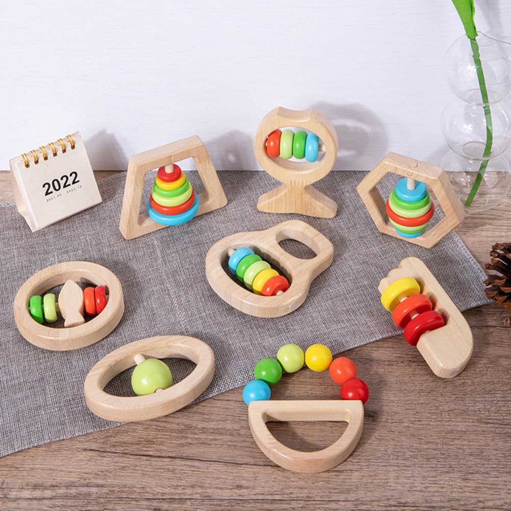 Holz-Babyrassel-Set, Montessori-Sinnes-Zahnungsspielzeug, Handgriff-Rasseln für Säuglinge