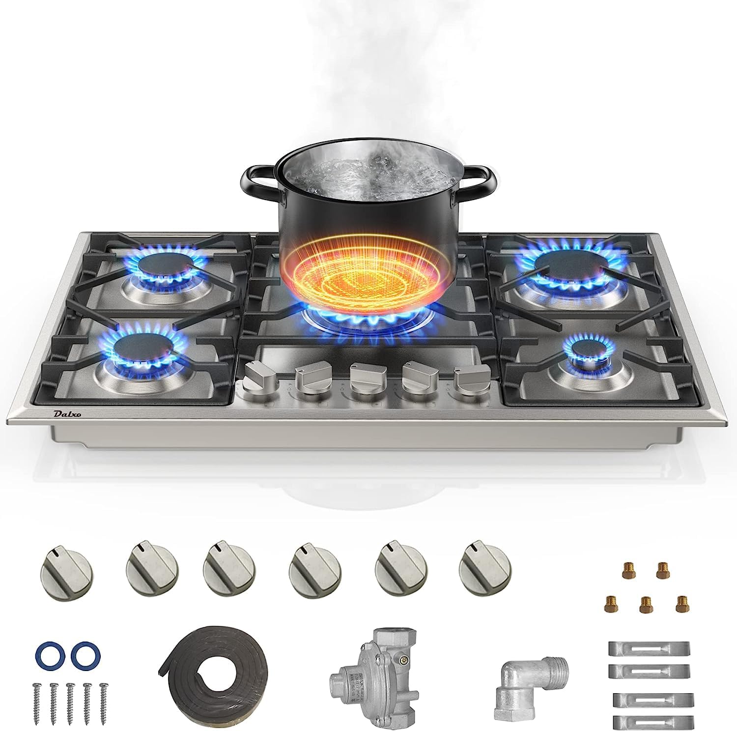30 Inch Gas Cooktop with 6 Metal Knob, 5 Italy Defendi Burner Gas Stovetop, Food-grade Stainless Steel Built-In Gas Hob, NG/LPG Convertible Gas Range Top for Kitchen, Thermocouple Protection