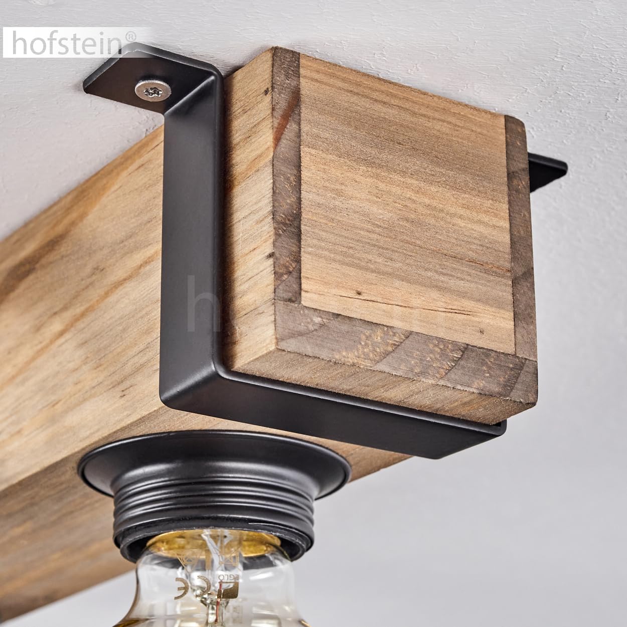 HOFSTEIN Deckenleuchte Montgomery, 3-flammige Deckenlampe aus Holz/Metall in Natur/Schwarz, Leuchte im Industrial/Retro/Vintage-Design mit Holzbalken, E27, Esszimmer, Küche, Wohnzimmer, Schlafzimmer