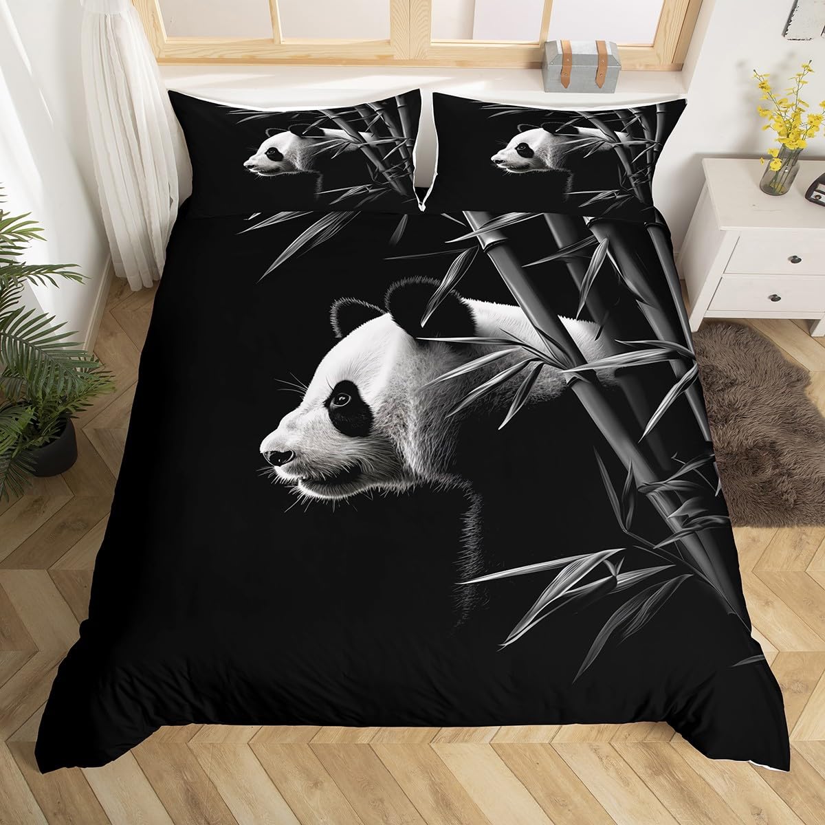 Homewish Dzieci urocza panda poszewka na kołdrę super king kawaii kreskówka zwierzę zestaw pościeli 3-częściowy zielony liść botaniczny zestaw poszewek na kołdrę dla dzieci niemowląt maluch żłobek