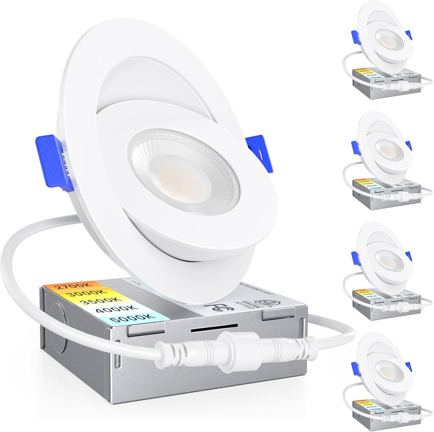 Ensenior Paquete de 4 luces LED empotrables LED de 4 pulgadas 5CCT con caja de conexiones, iluminación ocular direccional ajustable de 360+90,