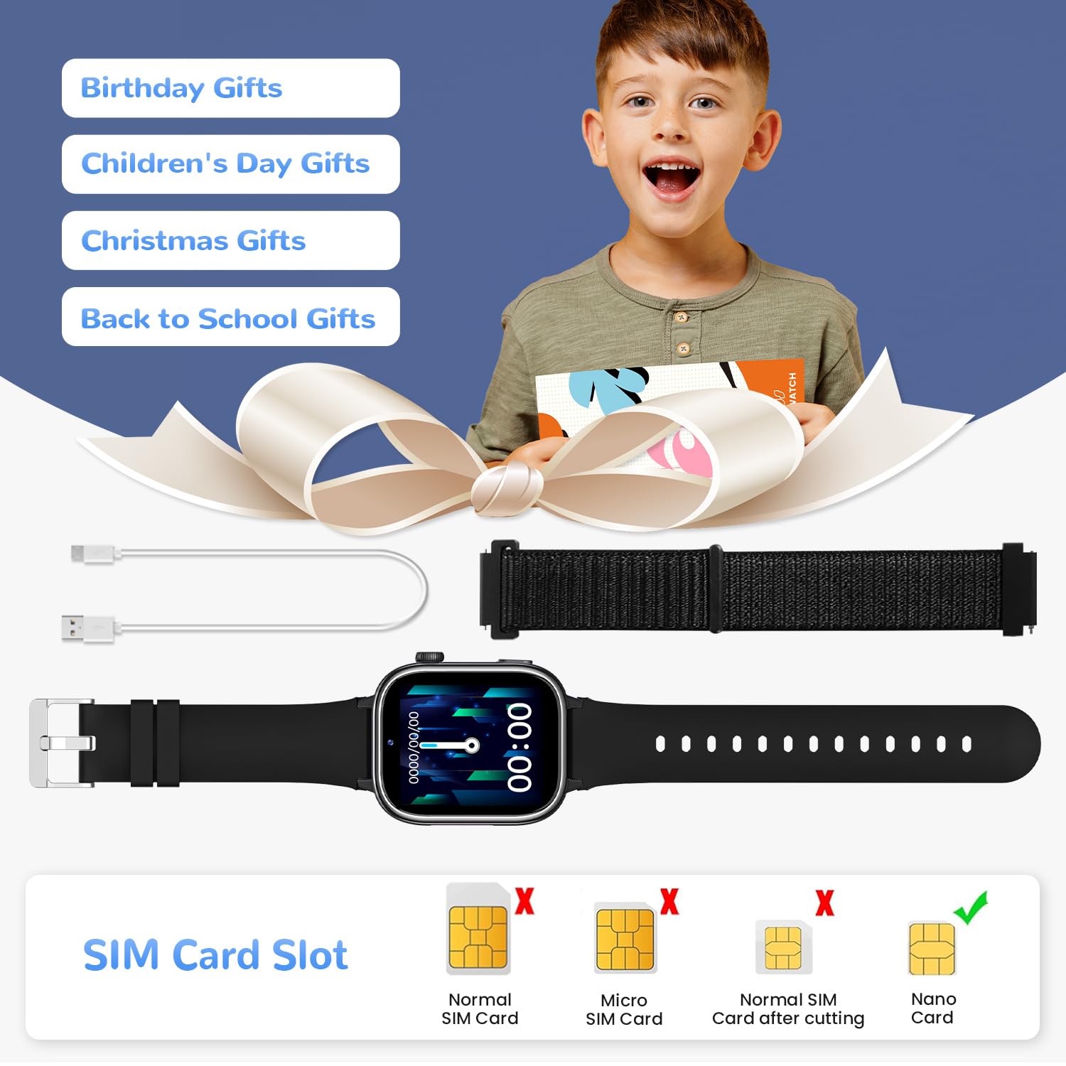 4G Smartwatch Bambini, Orologio Smartwatch Bambini con GPS, Videochiamate, Chat Vocale, SOS, modalità Scuola, Contapassi, Sveglia, Giochi, Smart Watch Regalo per Ragazzi e Ragazze, Nero