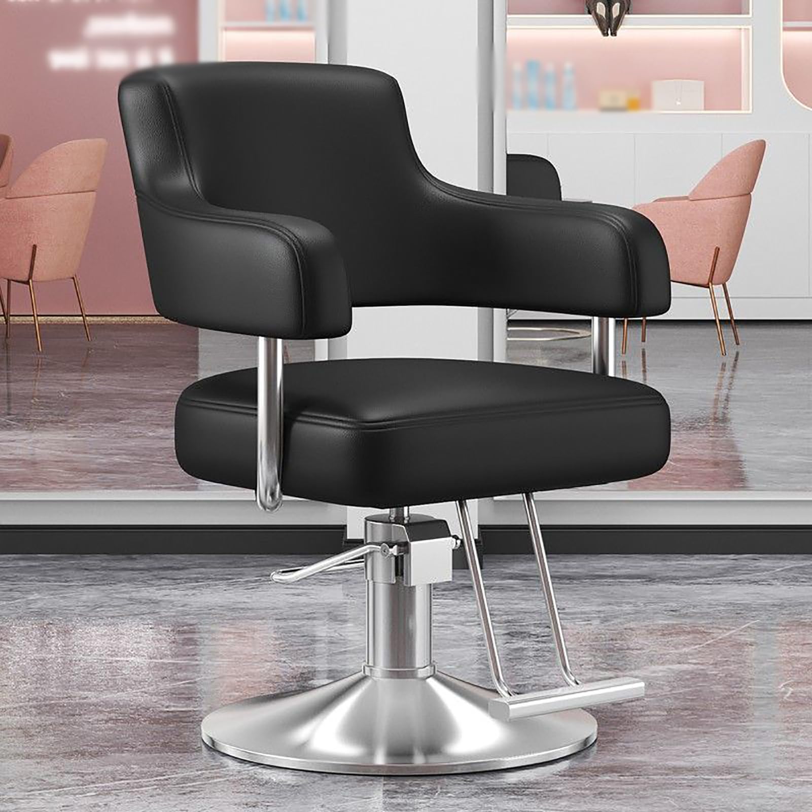 Genérico Silla de peluquería Profesional, giratoria 360° con reposapiés, hidráulica, para salón, SPA, Tatuaje y barbería, de Cuero Resistente y Acabado Plateado.