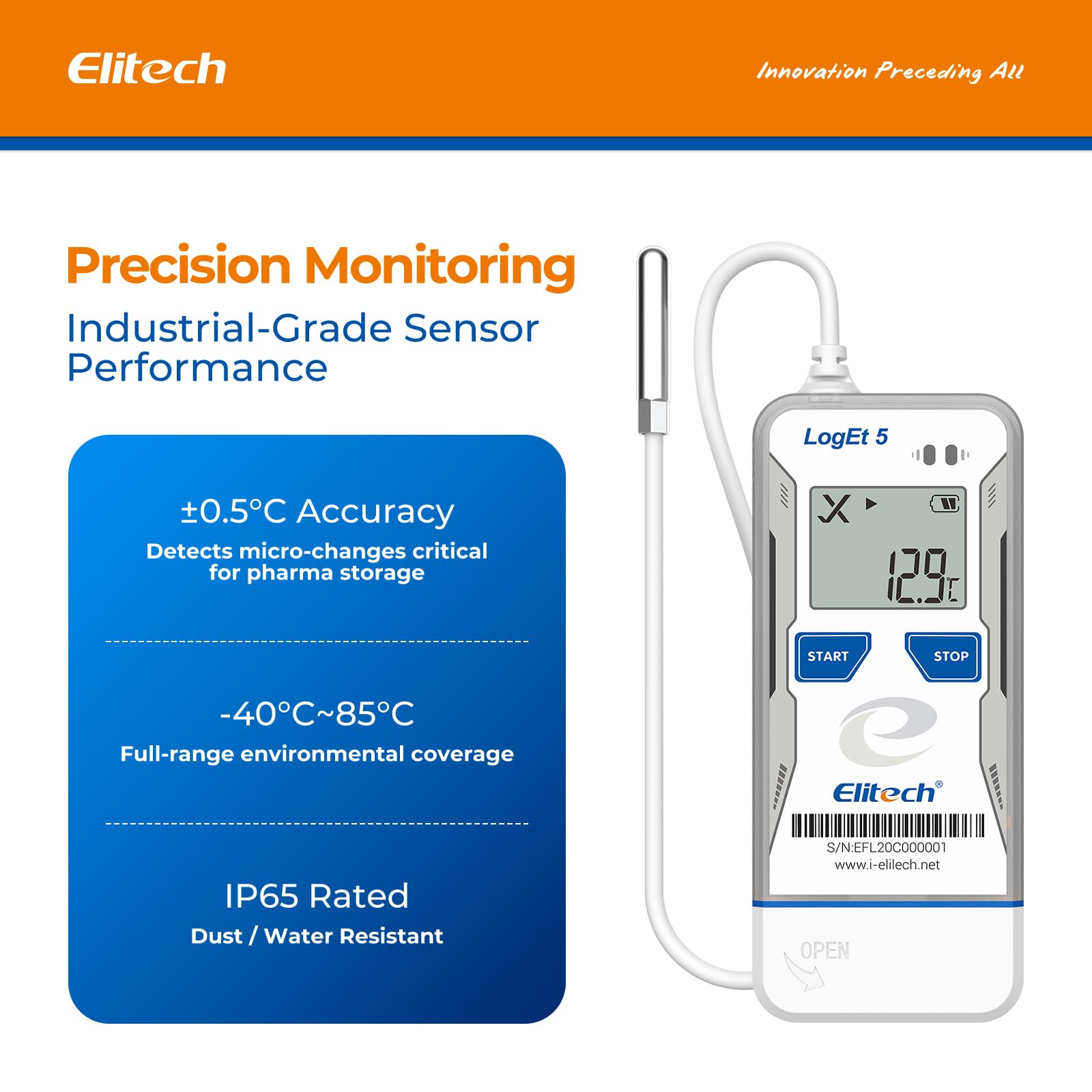 Elitech Registratore di Temperatura USB con Sonda Esterna Bluetooth, Data Logger Riutilizzabile, Rapporti PDF CSV Auto, Termometro per Frigorifero per Trasporto, Stoccaggio, Catena del Freddo