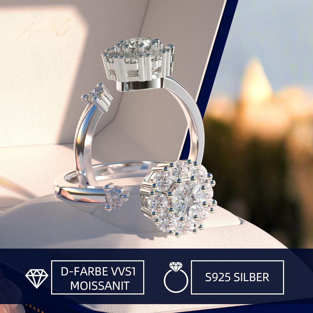 Anello da donna con moissanite, argento 925 placcato oro bianco 18 carati, moissanite creato in laboratorio, anello aperto regolabile, anello in argento, anello di fidanzamento, regalo di gioielleria
