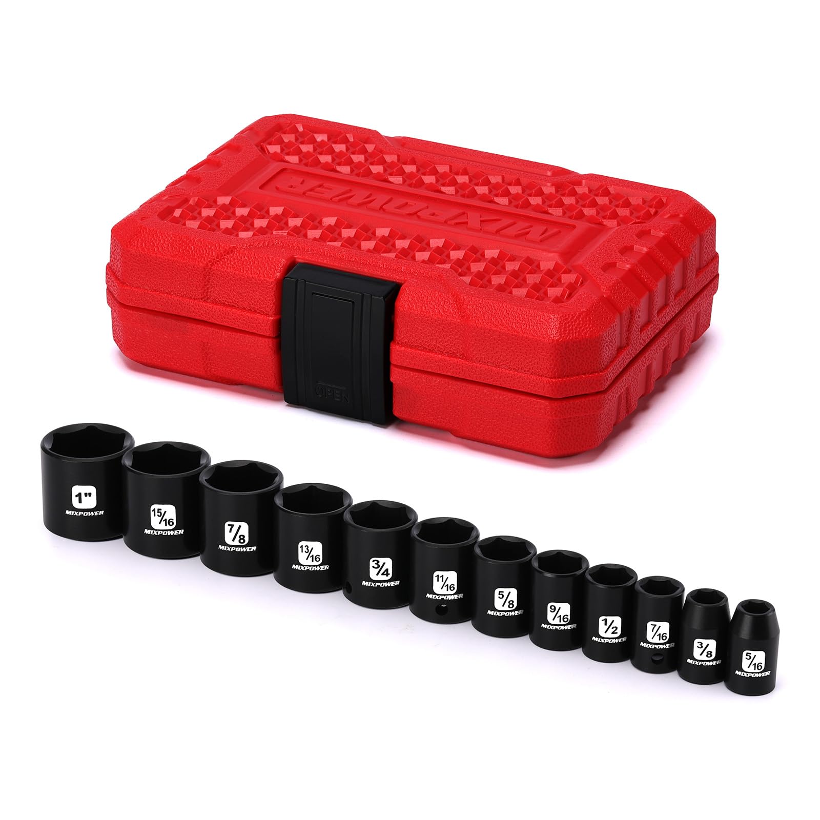 MIXPOWER 12 Pieces 3/8-Inch Drive Shallow Impact Socket Set, 5/16 to 1 inch, CR-V, SAE, 6 Point, Shallow, 12 Pieces 3/8" Dr. Socket