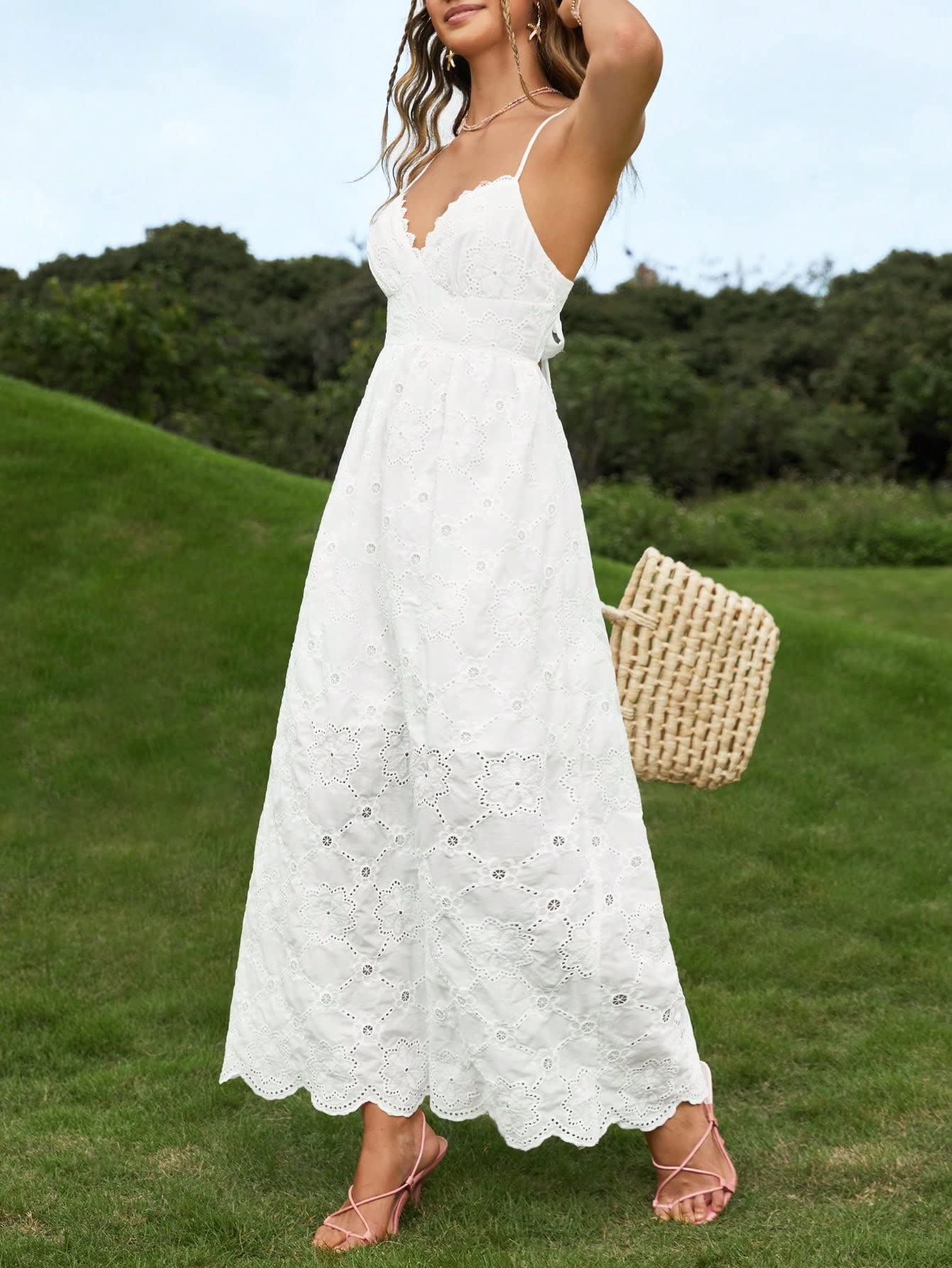 Amazon.com: Dresses for Women Women's Dress Solid Tie Backless Eyelet  Embroidery Cami Dress Dresses (Color : White, Size : Large) : Clothing,  Shoes & Jewelry