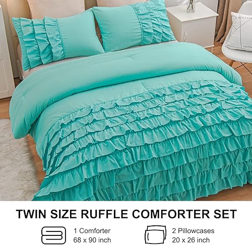 Miniatura 7 de Holawakaka Aqua Waterfall - Juego de edredón con volantes, tamaño individual, multicapas, con volantes, estilo shabby chic, juego de ropa de cama de