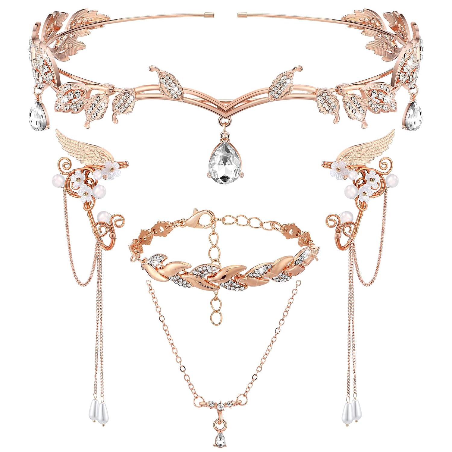 Huquary 5 Pcs Halloween Rhinestone Wedding Elf Crown Ears Fairy Bride Outfit Leaf Tiara Headband Cuffs for Birthday Women(Silver)