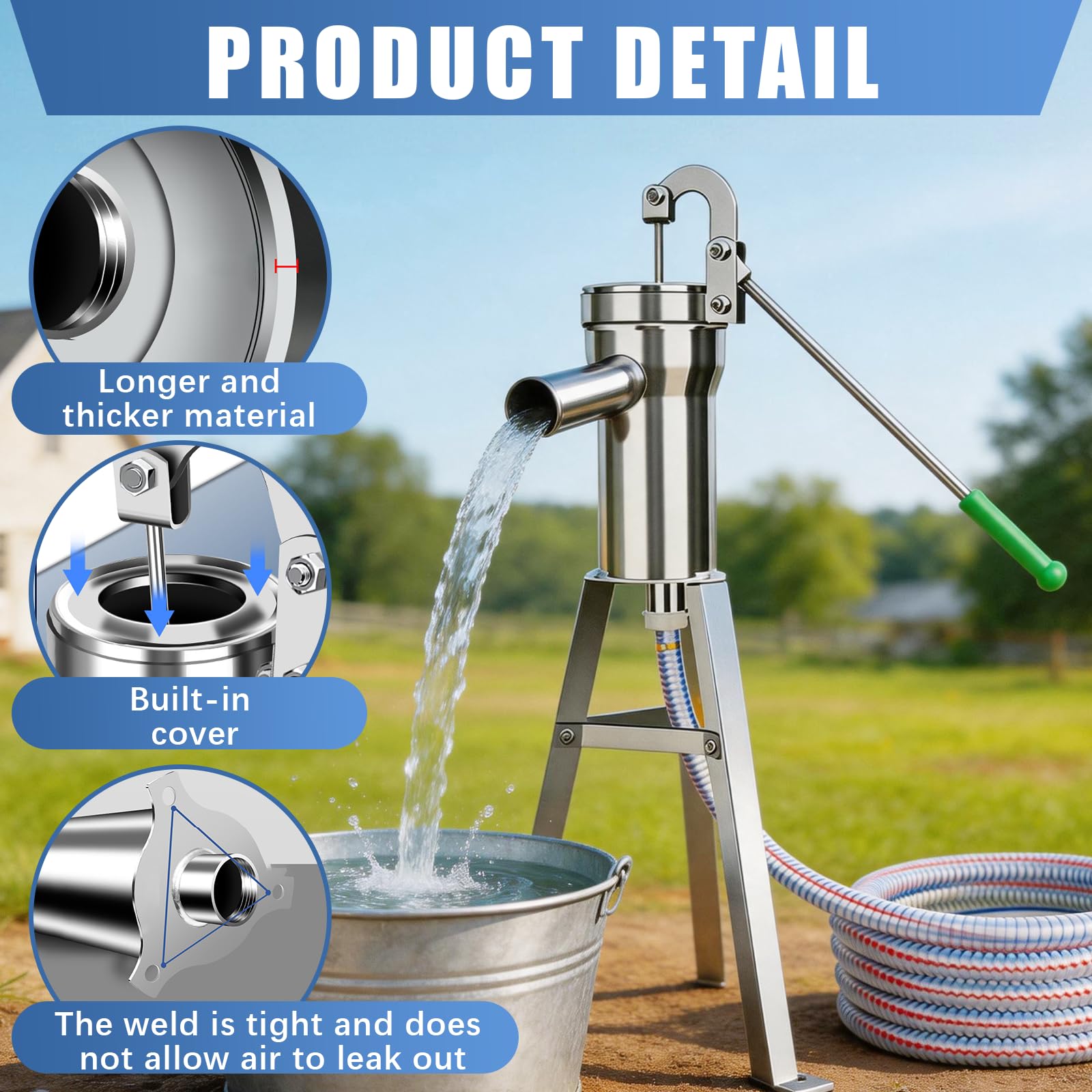 BRGD Bomba de Pozo Manual, Bomba de Agua SubterráNea DoméStica de Acero Inoxidable con Manguera de 5m, Soporte de Montaje y Kit de Accesorios para Casas, Jardines Domésticos