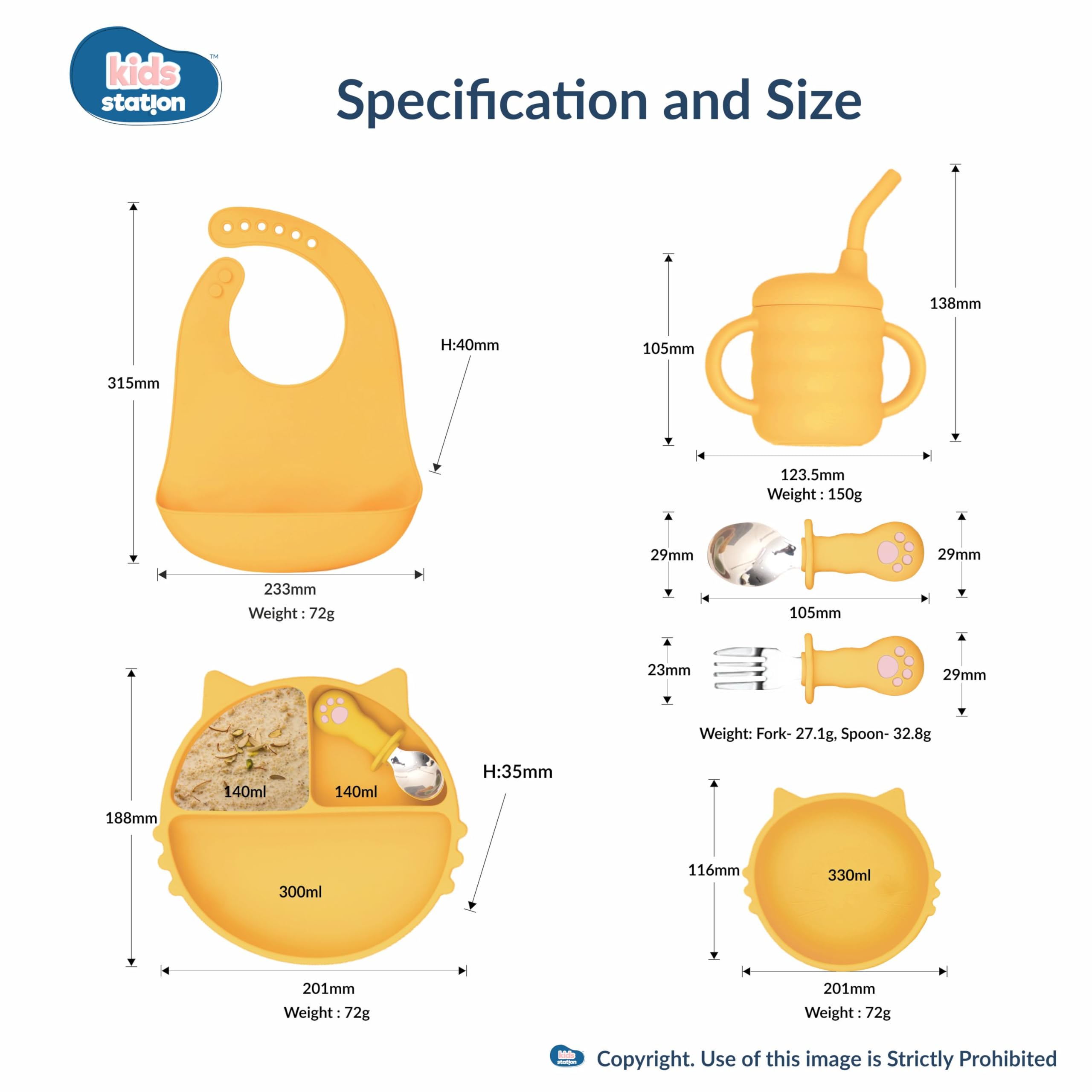Kids Station 6 Piece Portable Cat Shaped Silicone Baby Feeding Set - Baby Bib, Plate, Fork, Sipper, Spoon and Bowl   , Mealtime Essentials, Promotes Baby Self-Feeding for Highchair (Yellow) - Image 2 thumbnail