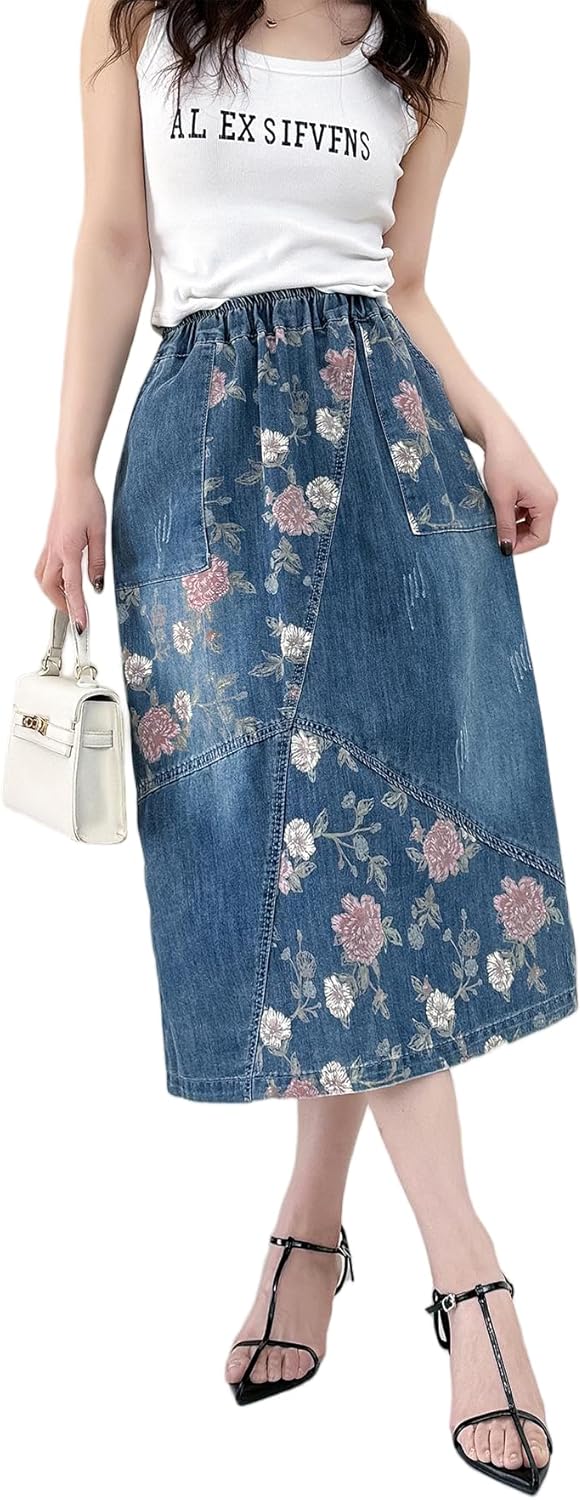 Womens Floral Print Denim Skirt Knee Length High Waist Jean Skirts, Midi Length A Line Skirt Pants with Pockets