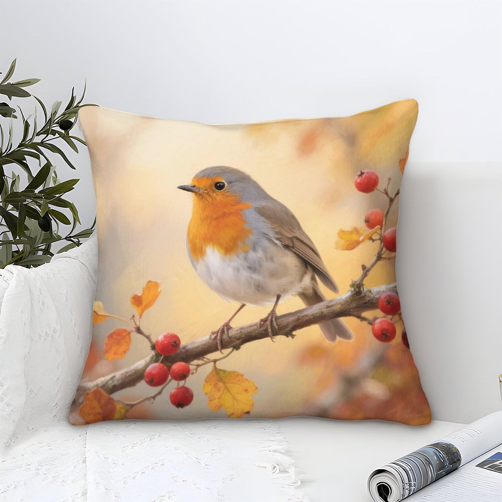 Yyvkpmlxc Style Robin Bird Cushion Covers Modern Art Decorative,Autumn Rural Scene Oil Painting Square Cotton Pillow Cases Soft Polyester Throw Pillow Cover For Sofa Patio Home Decor 45X45cm