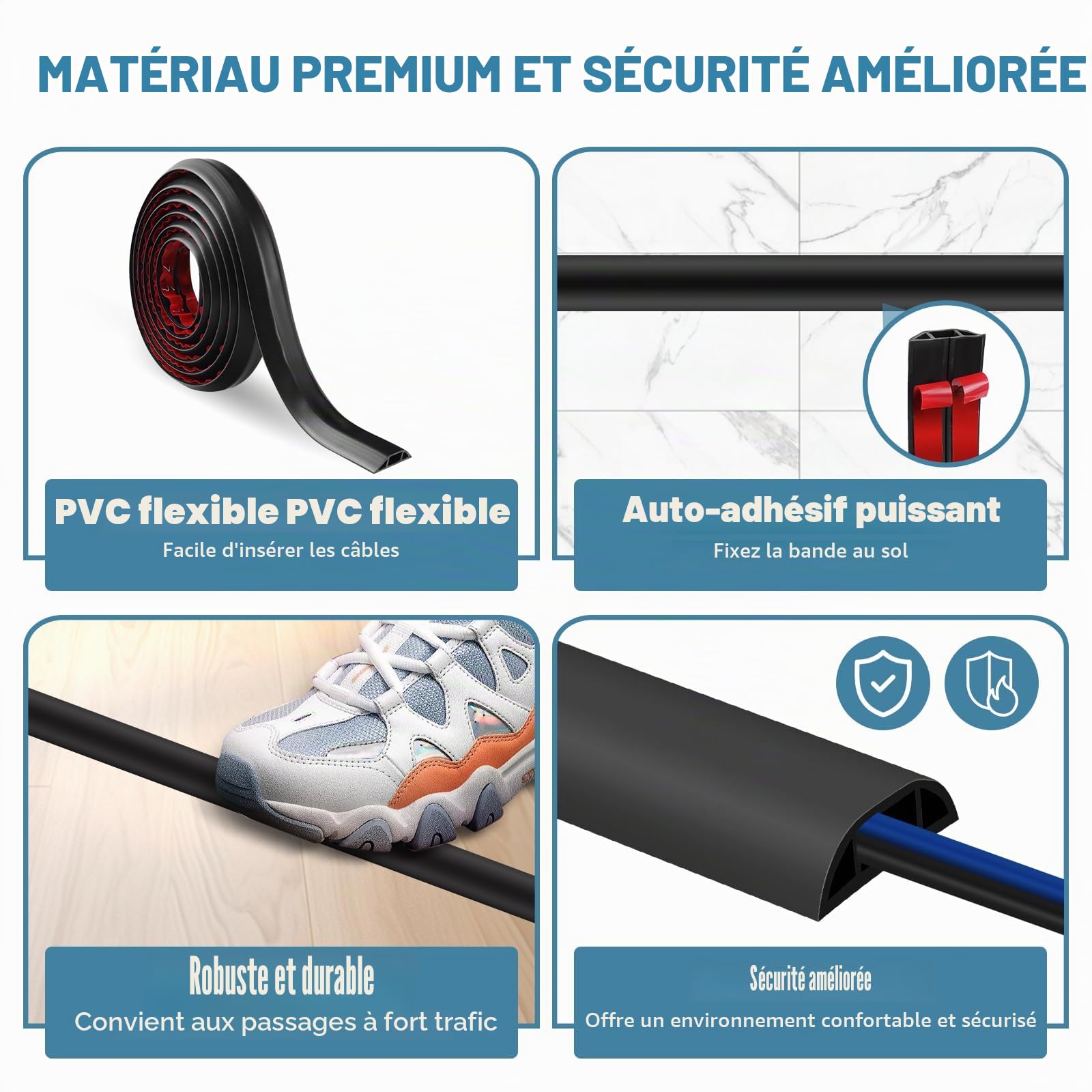 Passe-câbles autocollant 3 m PVC flexible Protection câbles Prévention trébuchements Blanc