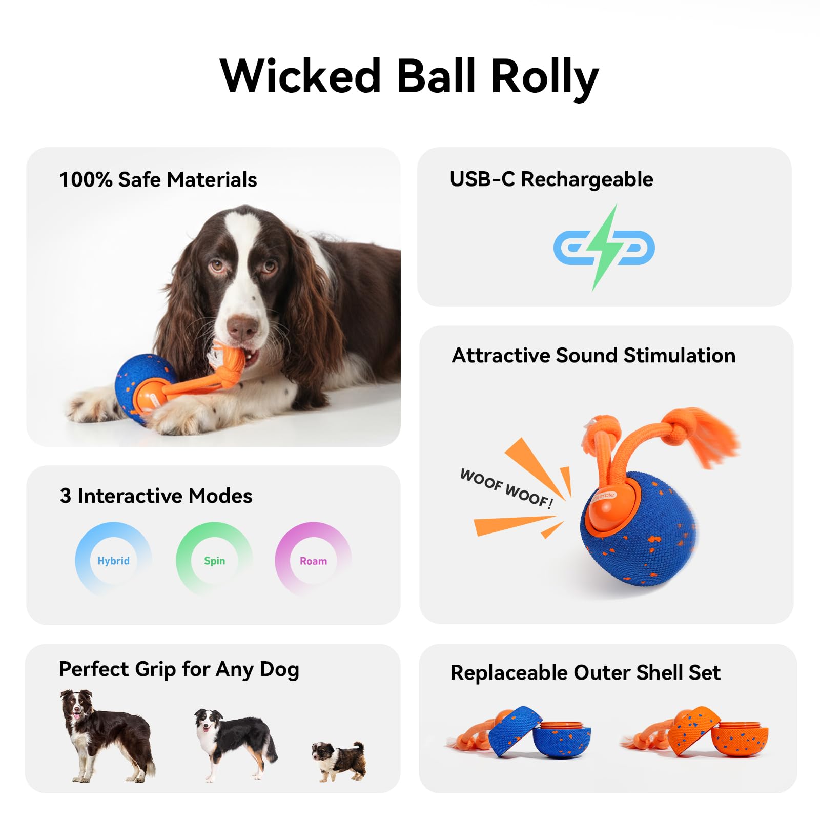 Cheerble Smart Interactive Dog Toy, Wicked Ball Rolly, Automatic Moving, Bouncing, Rotating, E-TPU Material, Active Rolling Interactive Dog Ball for Medium and Large Dogs (Blue) - image 3