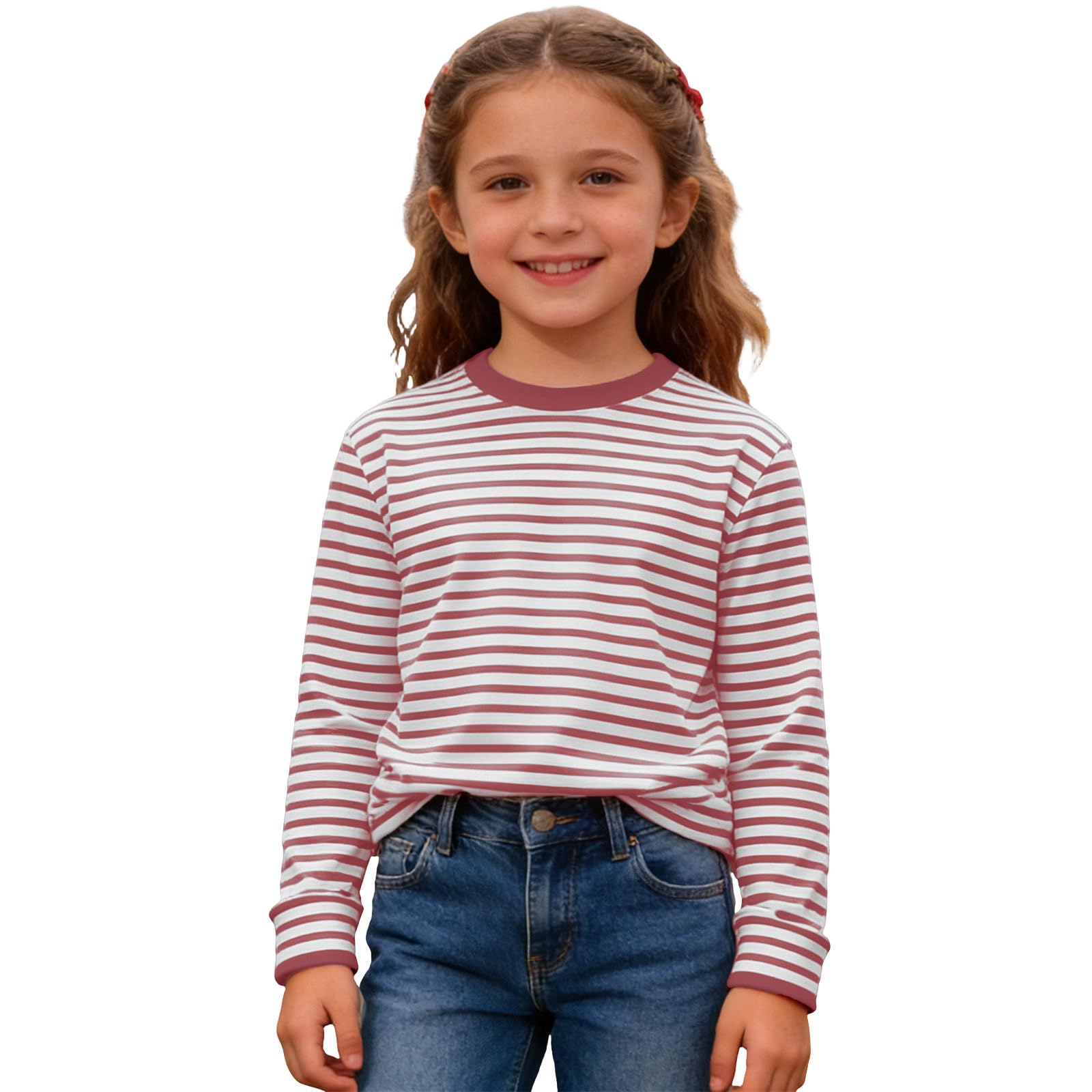 Striped Shirt Children's Red/White Striped Long Sleeve Shirt Girls Boys Shirt Glunker Crew Neck T-Shirt Top Striped Long-Sleeved Pullover Sailors Carnival Fancy Dress Costume 3-14 Years, c-brick red