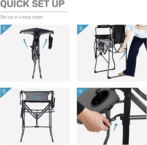 Miniatura 8 de EVER ADVANCED Silla alta de textileno para campamento, silla de directores de malla, taburete de bar plegable alto con mesa auxiliar para