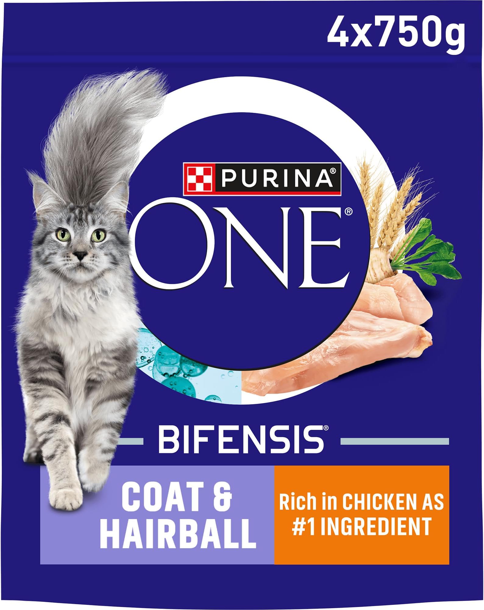 Coat and Hairball Chicken Dry Cat Food 750g (Pack of 4)