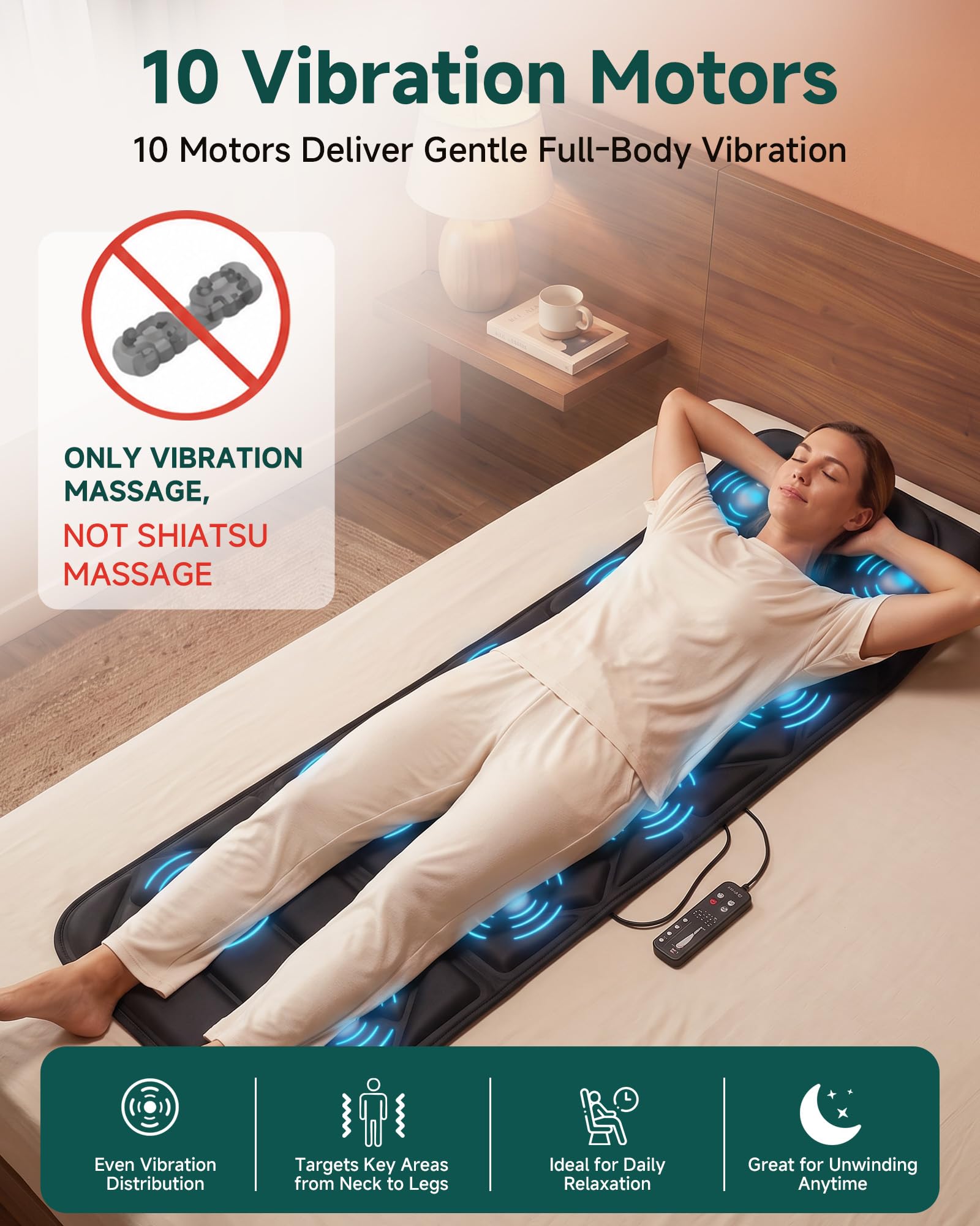 SNAILAX Massagematte mit Wärmefunktion, 10 Vibrationsmotoren und 6 Therapieheizkissen, elektrisches Ganzkörpermassage