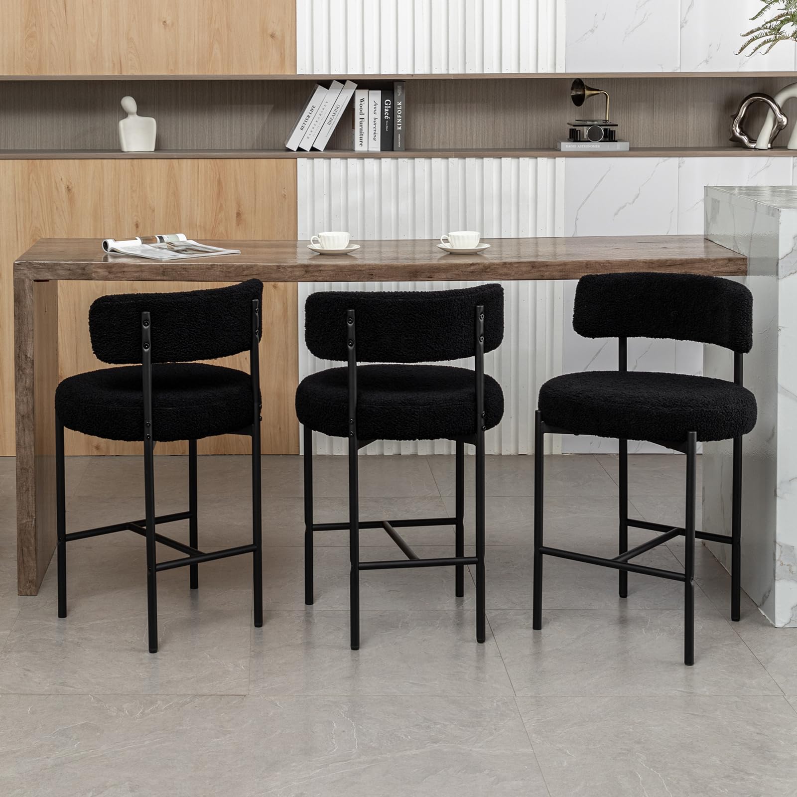 Reyxzoe Counter Height Bar Stools Set of 3, Modern Barstools with Curved Back, Black Boucle Counter Stools for Kitchen Island, Dining Room, Cafe, Pub