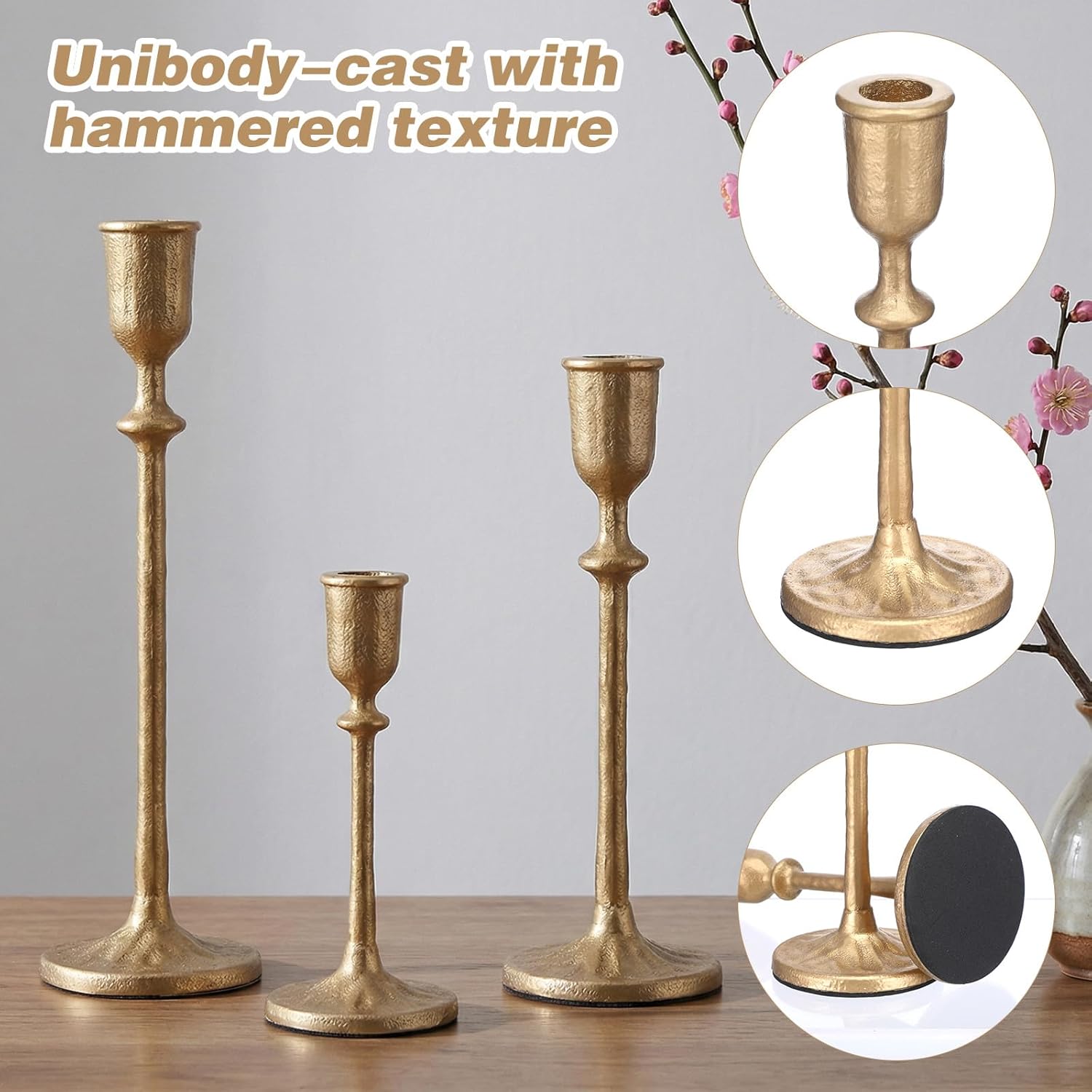 3Pcs Antique Brass Candlestick Holders, Iron Taper Candle Holder for Dining Table, Wedding, Fireplace Mantel Decor, Vintage Tall Candle Stands, Christmas & Home Decoration