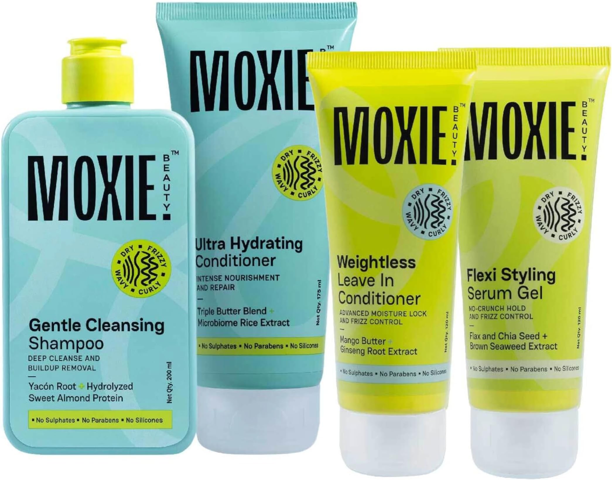 Moxie Beauty Wavy Routine Set | Boosts Definition & Retains 96% Moisture | Gentle Cleansing Shampoo (200ml), Ultra Hydrating Conditioner (175ml), Weightless Leave-in Conditioner (120ml) & Flexi Styling Serum Gel (120ml)