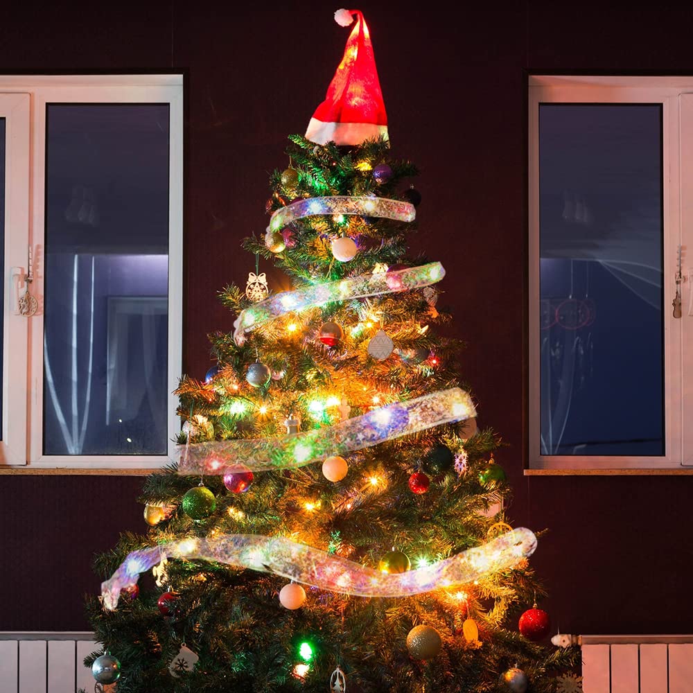 CPEI Christmas Ribbon Lights,10M 100 LED USB Christmas Trees Ribbon Lights,8 Modes Shining Ribbon Fairy Lights with Remote for Garden Party Room Decor (Gold-Multicolor)