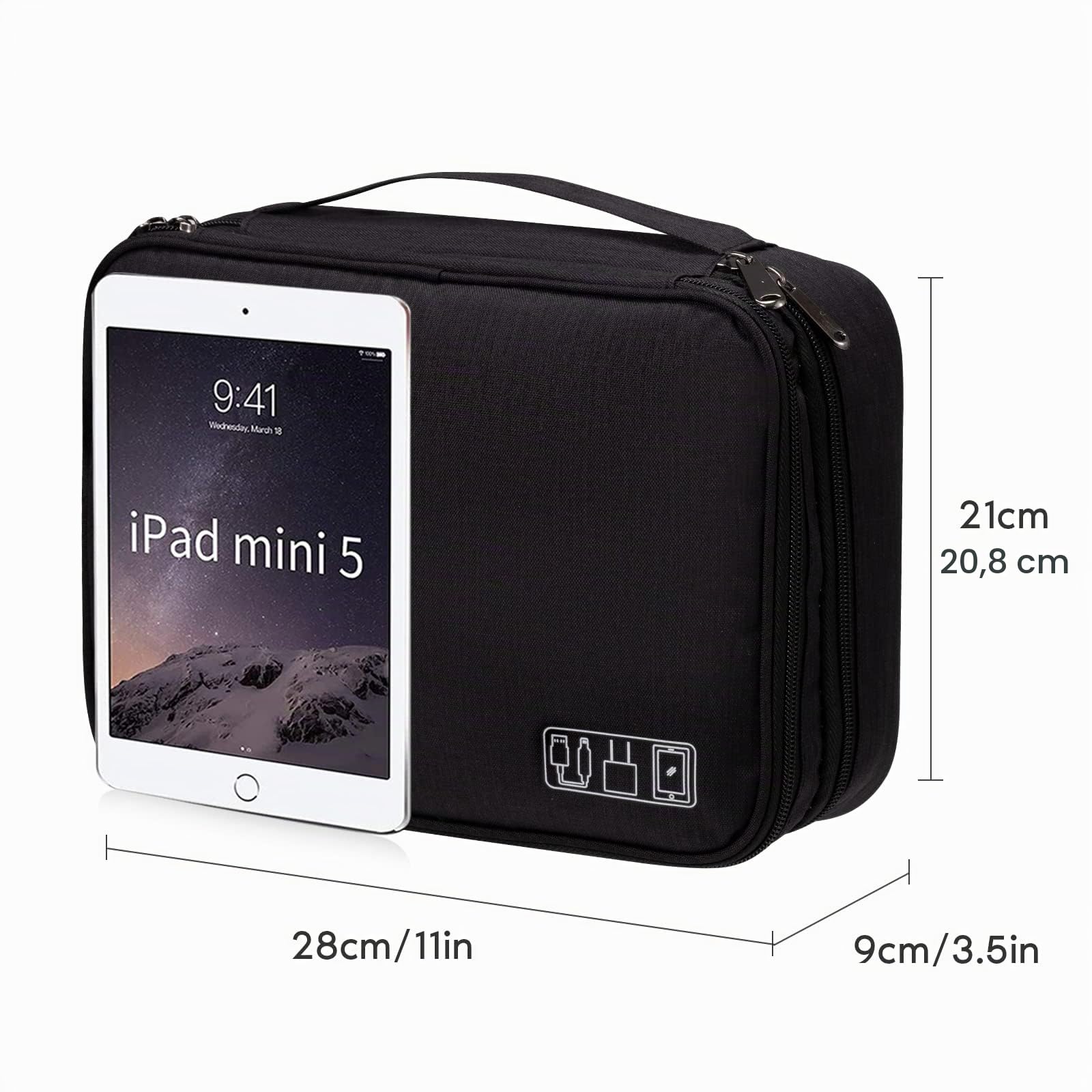OrgaWise Sac Électronique Multifonctionnel Portable Étanche pour Tablette, Disque Dur, Chargeur (Noir, 3 Couches)