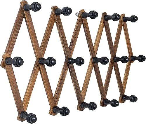 Percha de pared de acordeón con 16 ganchos, perchero de madera de color nogal para pared, perchero expandible para sombreros para entrada,