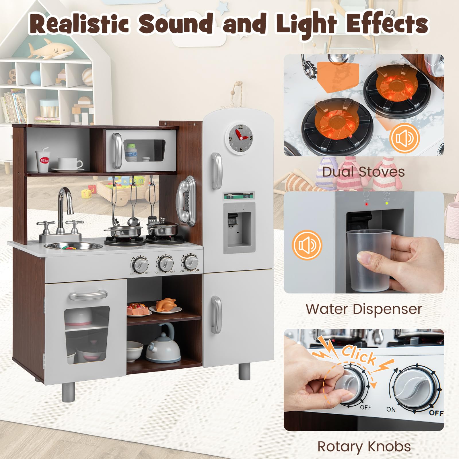 HOMASIS Cucina Giocattolo in Legno, Cucina per Bambini con Suoni e Luci, Cucinetta con Microonde, Forno, Distributore di Acqua, Frigorifero, Set da Cucina per Bambini dai 3 Anni in su, Bianco