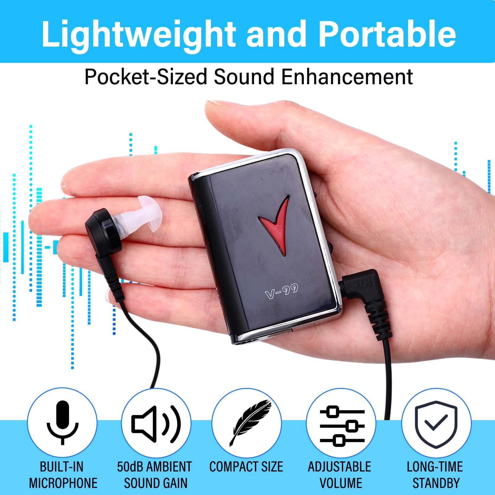 Geiserailie Paquete de 3 amplificadores auditivos personales, amplificador de sonido, dispositivo de mejora de la audición de voz con 8 niveles de volumen y auriculares para personas mayores, ganancia