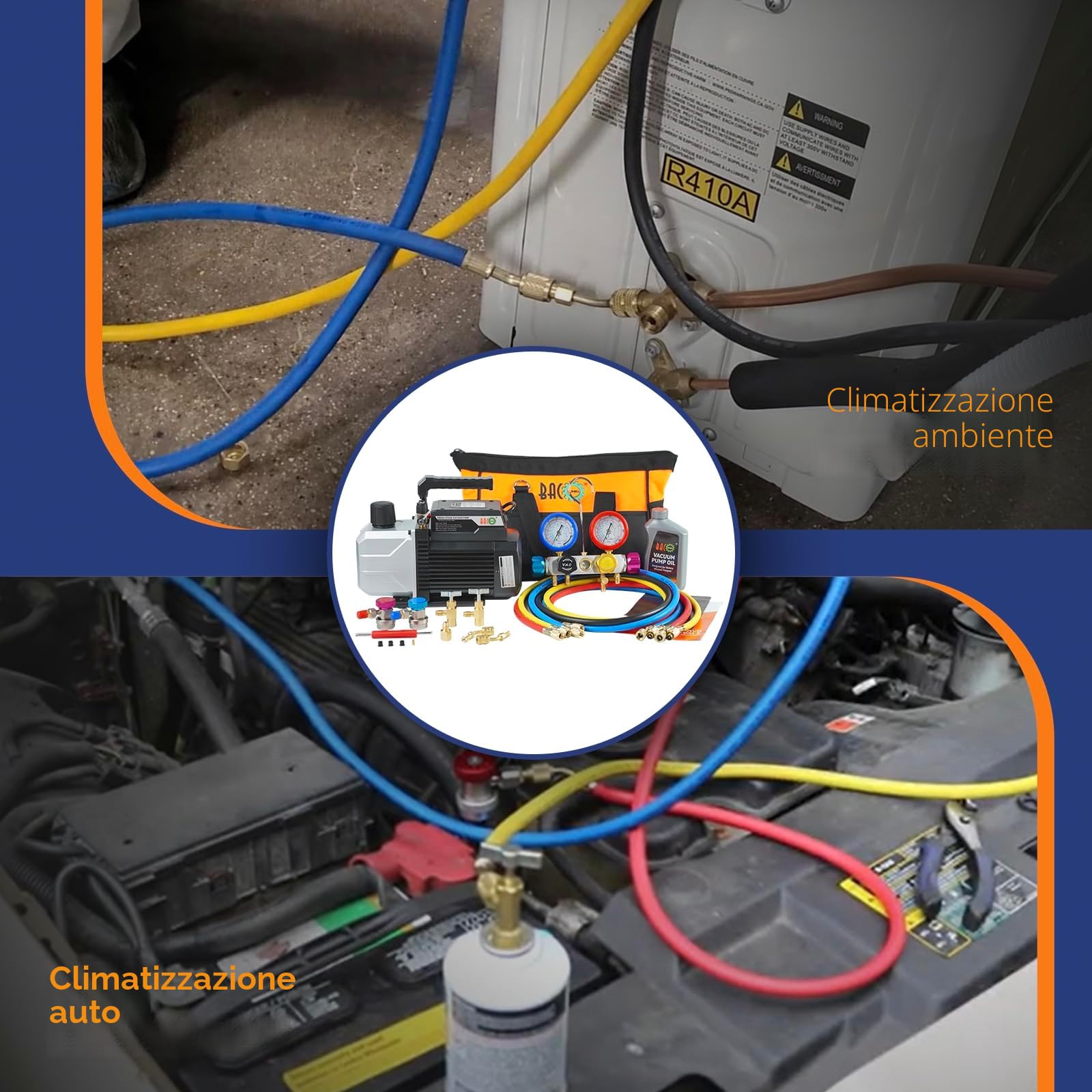 BACOENG 4.5CFM Pompa Vuoto per Condizionatori con Kit Manometri Condizionatori 4 Vie per Mini Split/HVAC/Auto AC, Kit Ricarica Aria Condizionata per R134A R410A Refrigeranti