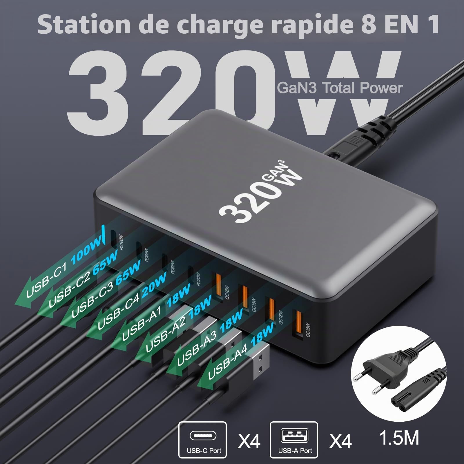 USB C Charger Block 320W 8 Port GaN3 Fast Charging Station Compatible with Laptop,ipad, iPhone 16/15/14/13 /12 Pro Max Fast Charger Pixel Note MacBook Pro/Air USB C Charger for Android