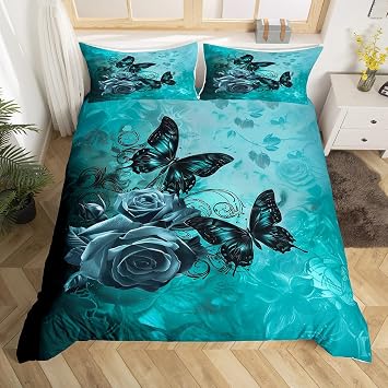 Modern Blue Green Duvet Cover Set King Size,Rose Butterfly Bedding Set 3Pcs for Kids Teens Women Adult Room Decor,Abstract Floral Leaves Printed Comforter Cover Luxurious Quilt Cover,2 Pillowcases