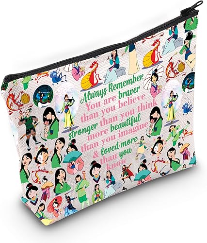 Miniatura 7 de LEVLO Mu Lan Bolsa de maquillaje cosmética Mu Lan Fans regalo motivacional You Are Braver Stronger Smarter Than You Think Mulan maquillaje bolsa con