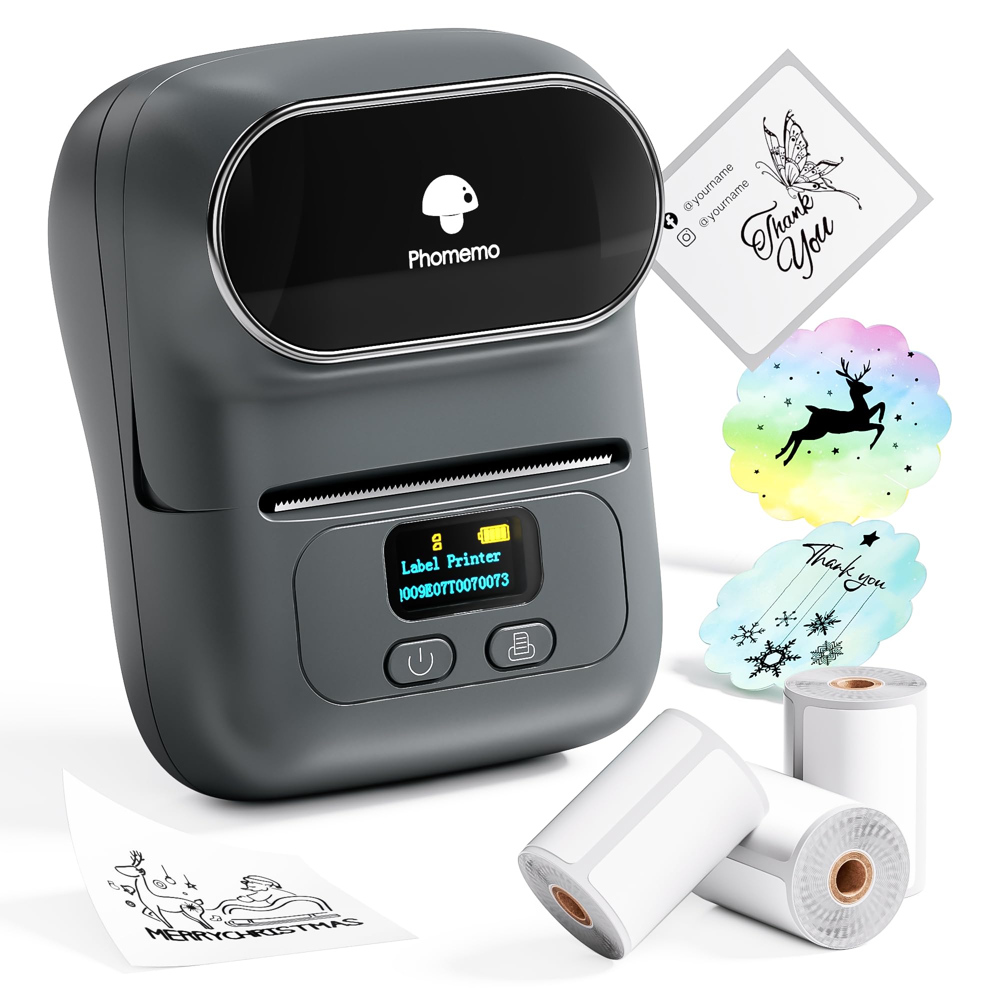 Phomemo M110 Label Makers- with 3 Rolls Labels, Barcode Label Printer Thermal Bluetooth Portable Printer for Small Business, Address, Logo, Clothing, Mailing, Sticker Printers for Phone & PC, Gray