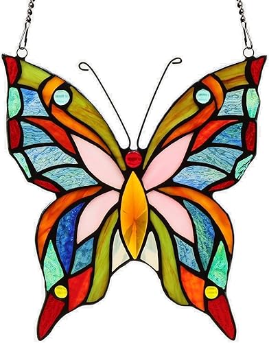 Kleeglee Colgantes de ventana de vidrieras de mariposa, hecho a mano, atrapasoles con mariposas y vidrieras para decoración de ventanas (rosa)
