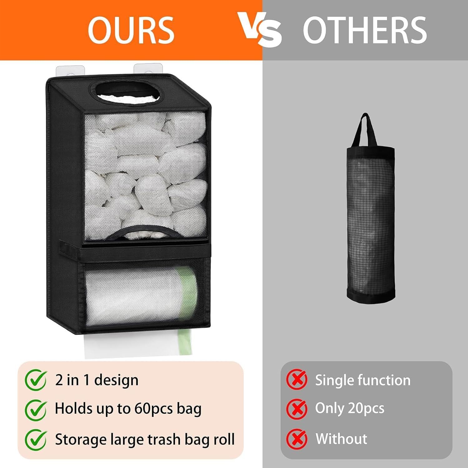 Organizador de bolsas de malla extragrande 2 en 1, dispensador de bolsas de basura, organizador de almacenamiento colgante sin taladrar para bolsas de plástico, soporte para bolsas de comestibles con
