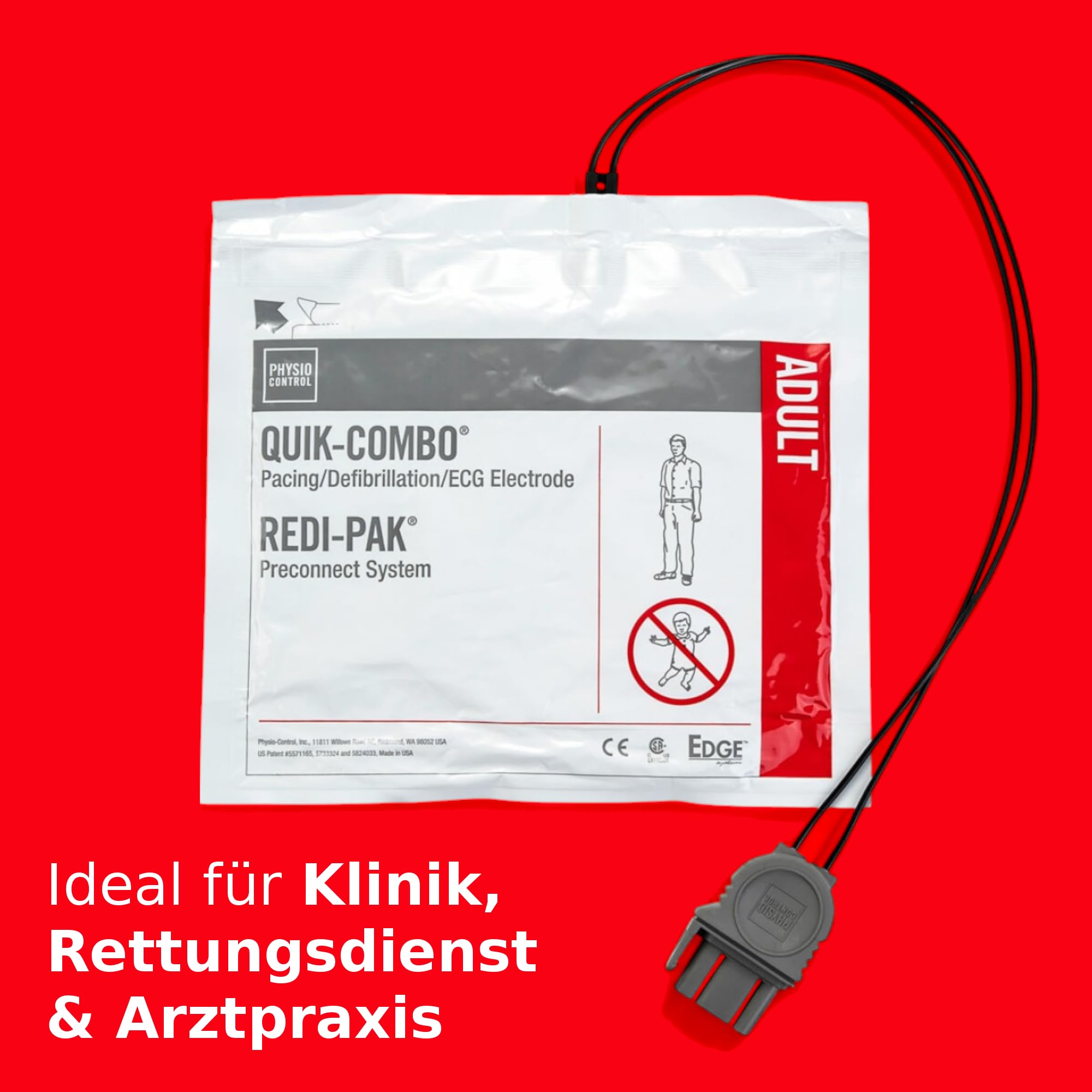 Physio Control QUIK-COMBO Elektroden für LIFEPAK AED Defibrillator LP1000, LP500, LP15, LP20 & LP10e, AED-Zubehör Erste-Hilfe Defi Defibrilator Gerät Ersatz Klebeelektrode Pads Kabel Rettung