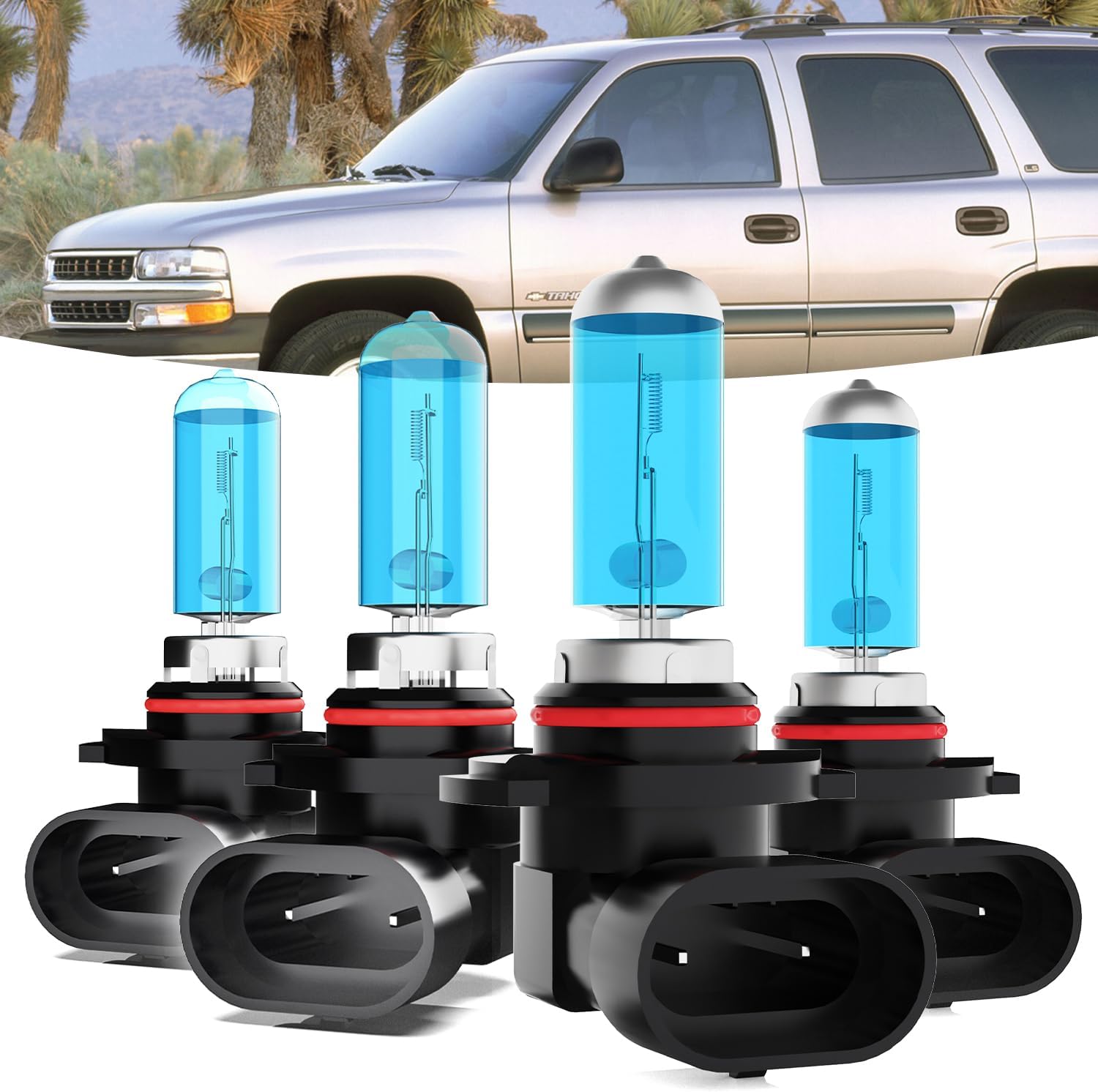 Halogen Headlights Fit for Chevrolet Chevy Tahoe 1995-2000 2001 2002 2003 2004 2005 2006 Headlight Bulbs,9005/HB3/H10 High Beam+ 9006/HB4 Low Beam Front Lights,Plug And Play,Pack of 4
