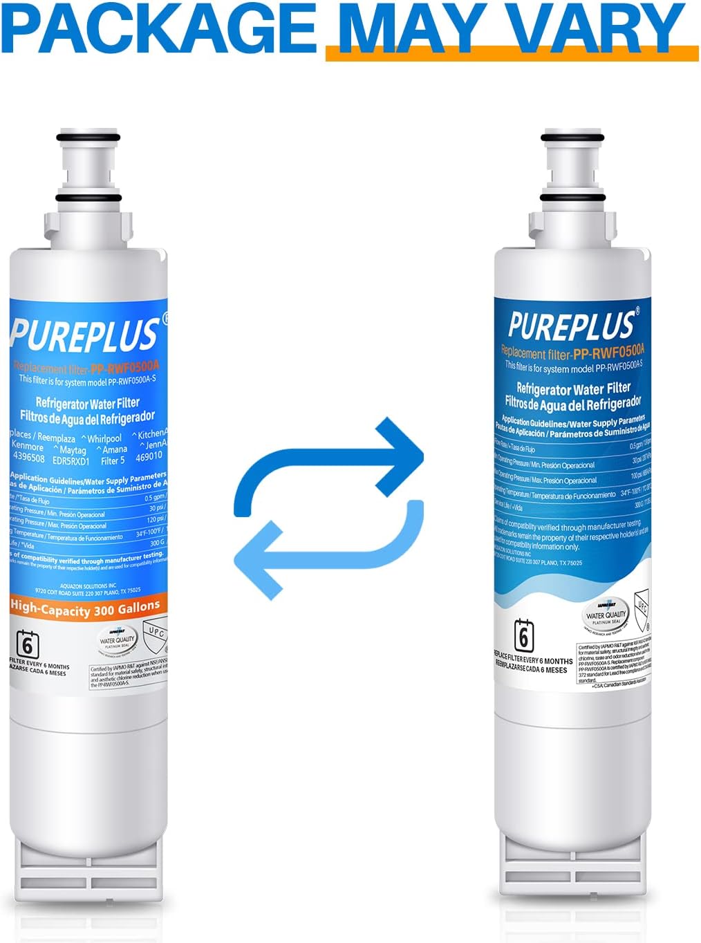 PUREPLUS 4396508 Refrigerator Water Filter, Replacement for EDR5RXD1, EveryDrop Filter 5, 4396510, 4392857, Kenmore 46-9010, 9085, LC400V, WF-NLC240V, RFC0500A, WF285, W10186668, 2Pack
