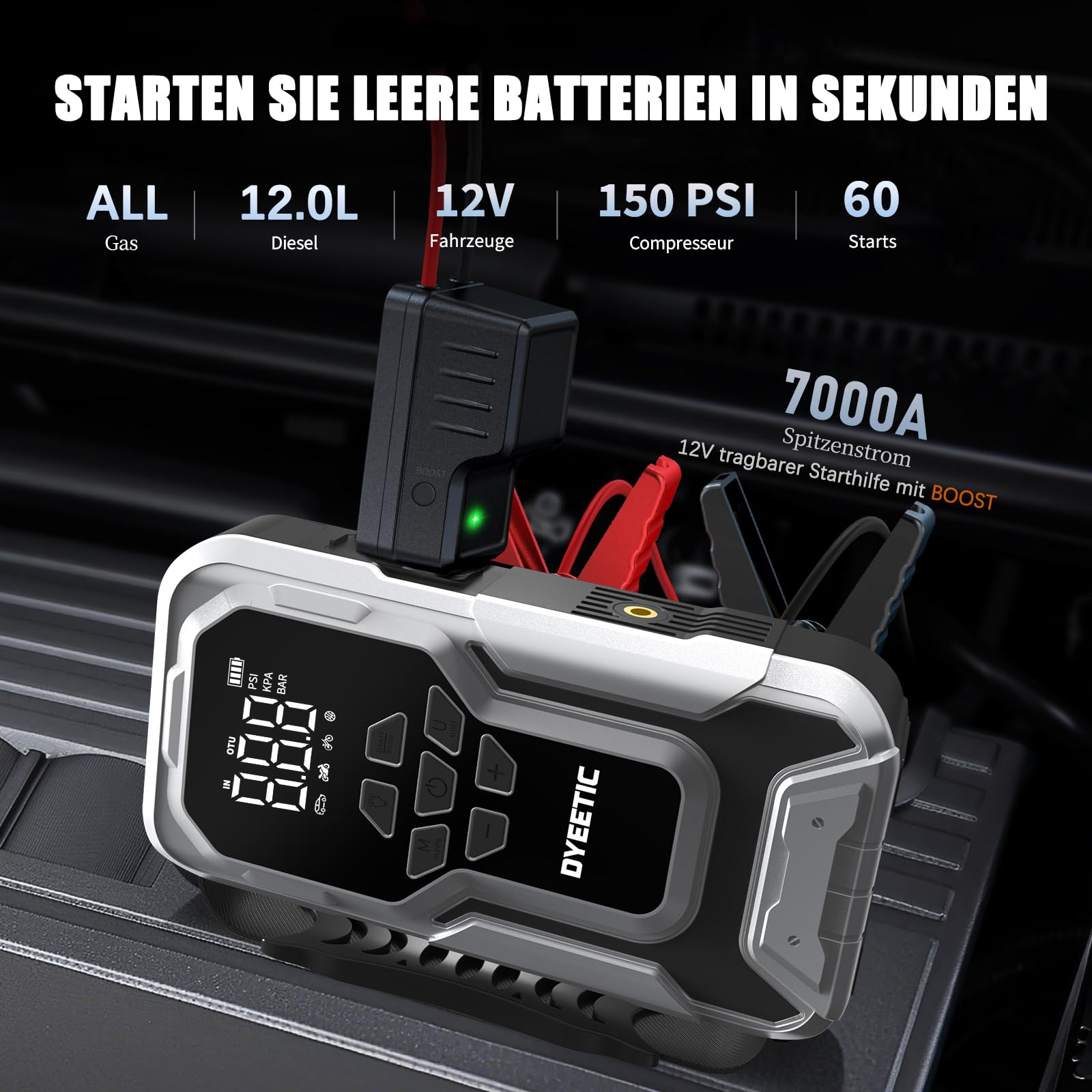 Starthilfe Powerbank mit Luftkompressor, DYEETIC Starthilfegerät 7000A 88Wh | Autobatterie Tragbarer Booster, 12V JumpStarter für alle Benzin/12L Dieselmotoren/Hybrid), 18W Schnelllade USB Ausgänge