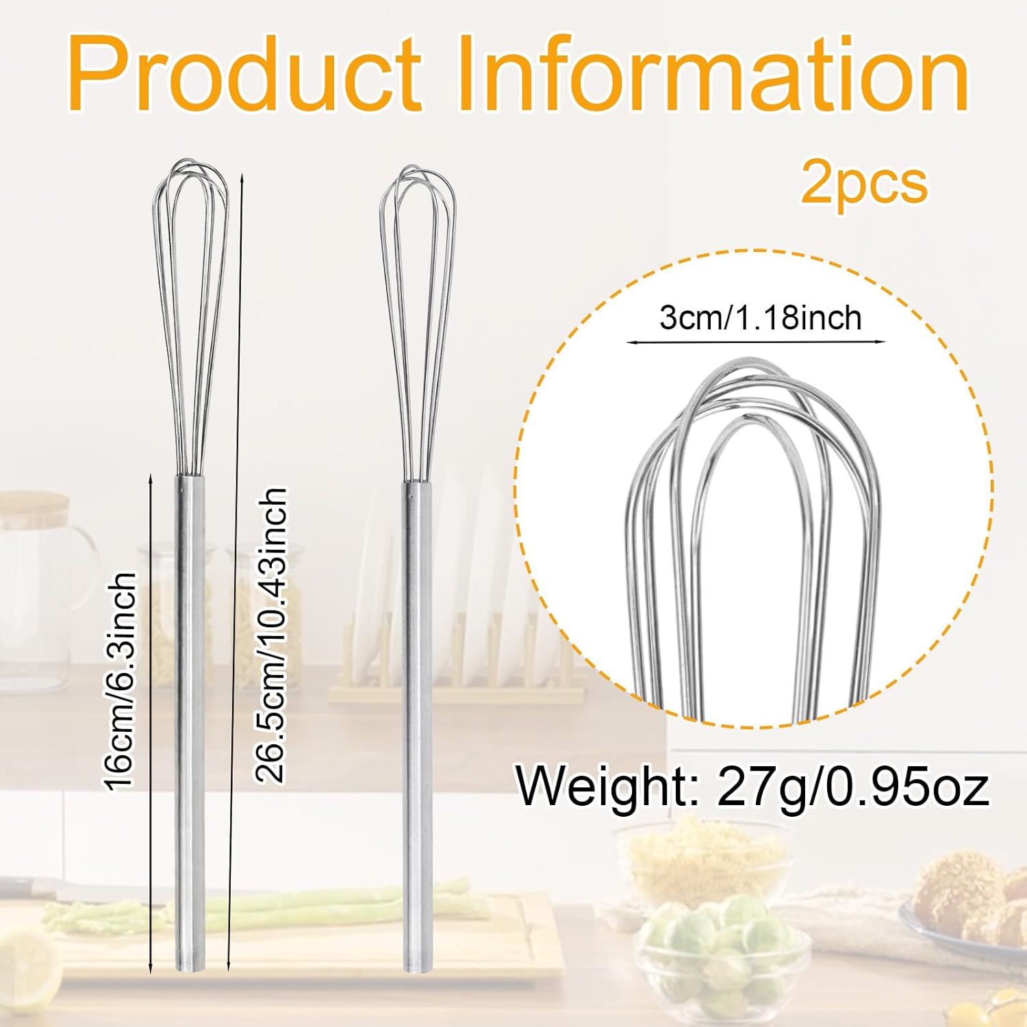 2 Pcs Mini Egg Whisks, Stainless Steel Small Whisks for Cooking Compact Tiny Kitchen Tools Gadgets Wire Whisker for Whisking Beating Blending Eggs Sauces & Coffee Frothing - Image 2