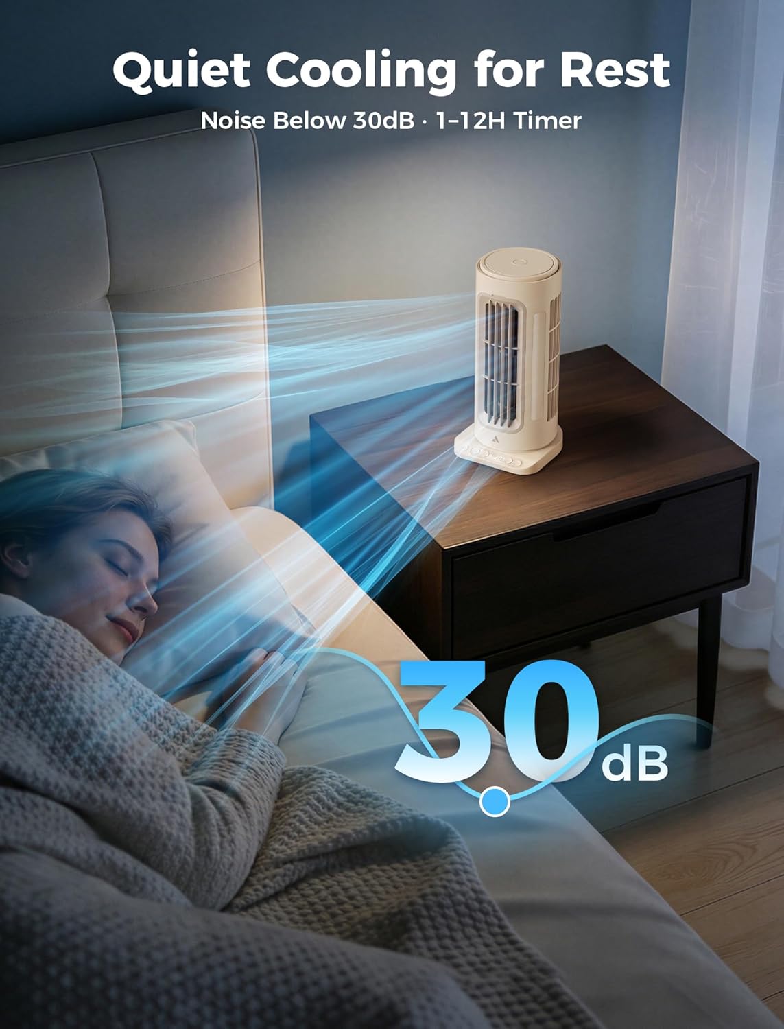 Aecooly Powerful Tower Fan, 21H Runtime, 8000mAh Battery, 100 Speeds, 60° Oscillation, Remote Control, Portable Desk Fan with 1–12H Timer for Bedroom, Home,Office - Beige