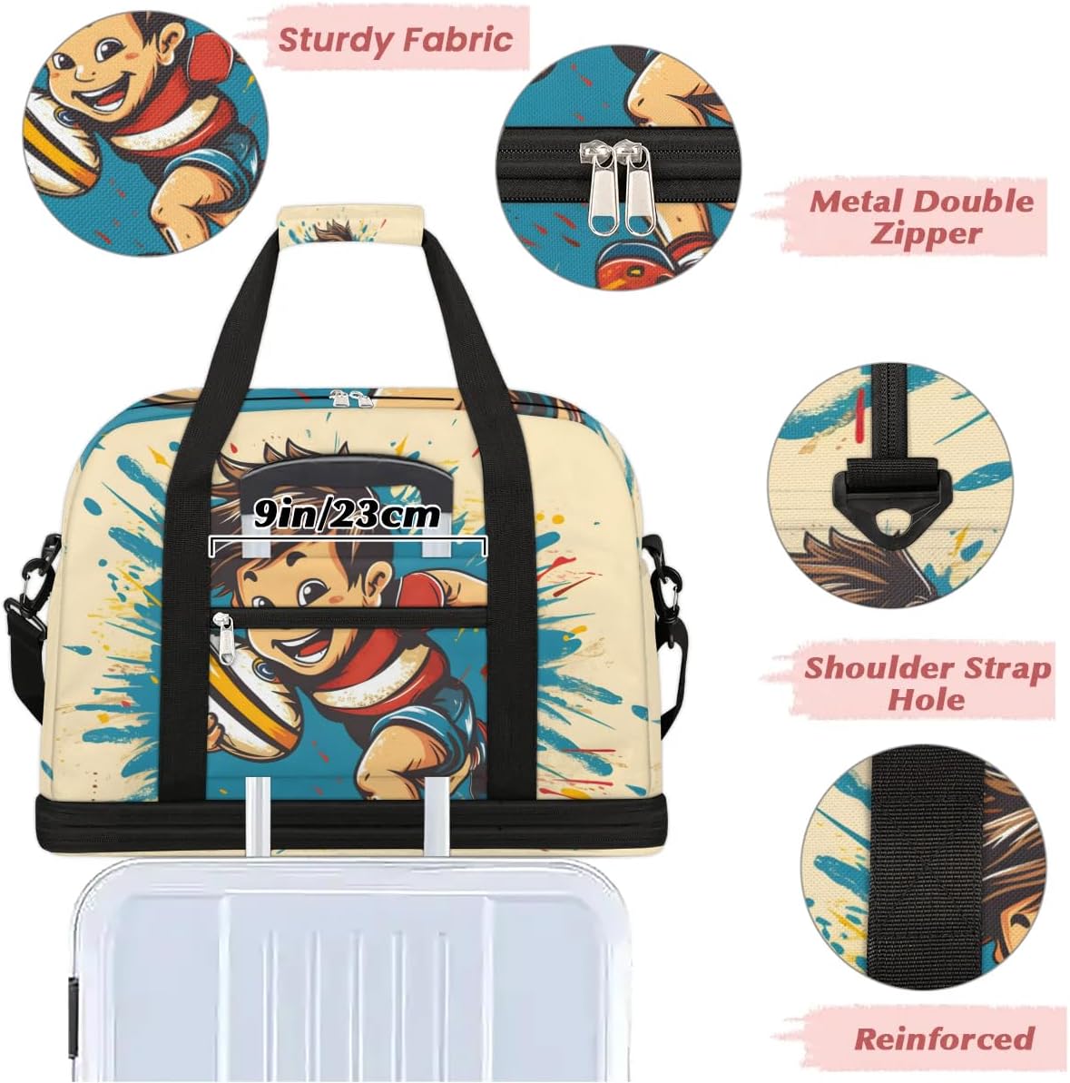 Sports Duffel Bag, Foldable Sports Rugby Travel Duffel Bag, Gym Yoga Beach Bag Weekender Overnight Bag with Shoes Compartment for Men Women, Rugby Balls Sport